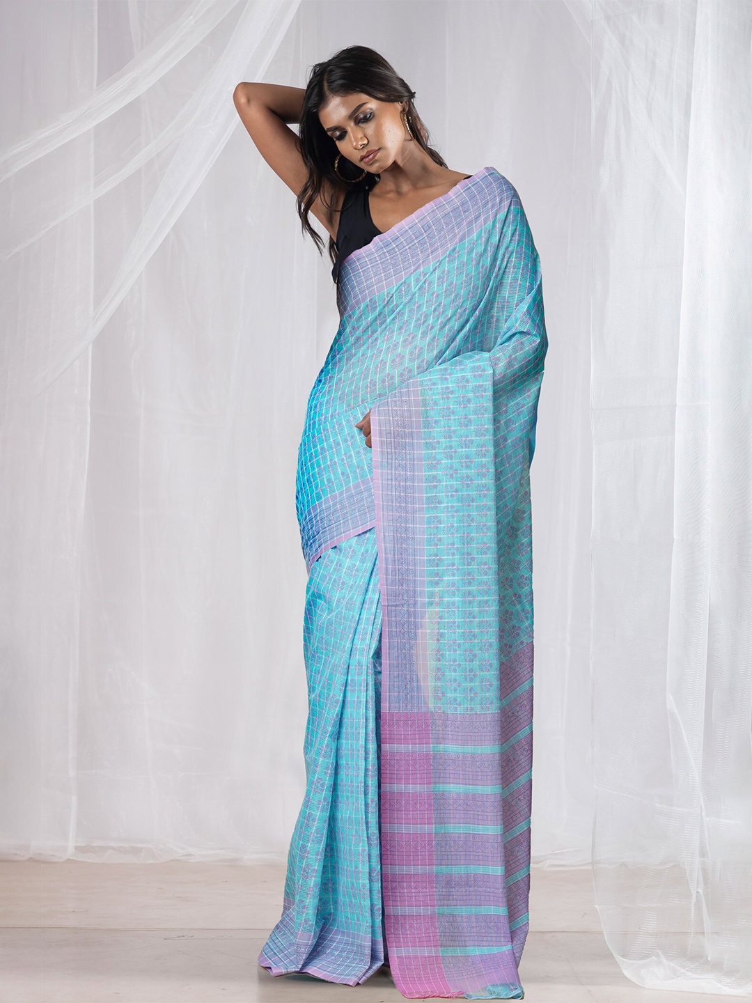 

Unnati Silks Ethnic Motifs Pure Cotton Handloom Mangalagiri Saree, Blue