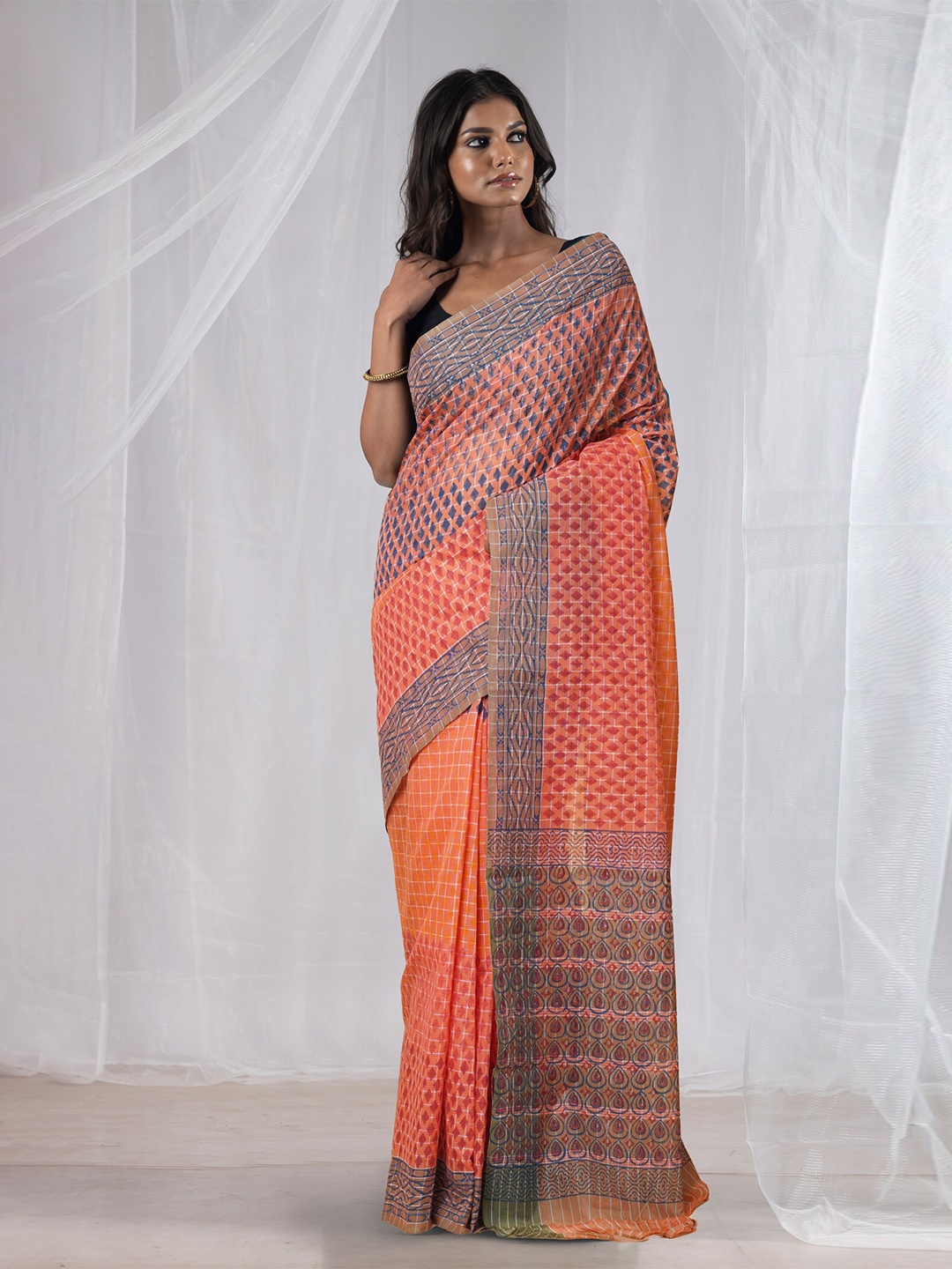 

Unnati Silks Ethnic Motifs Pure Cotton Handloom Mangalagiri Saree, Orange