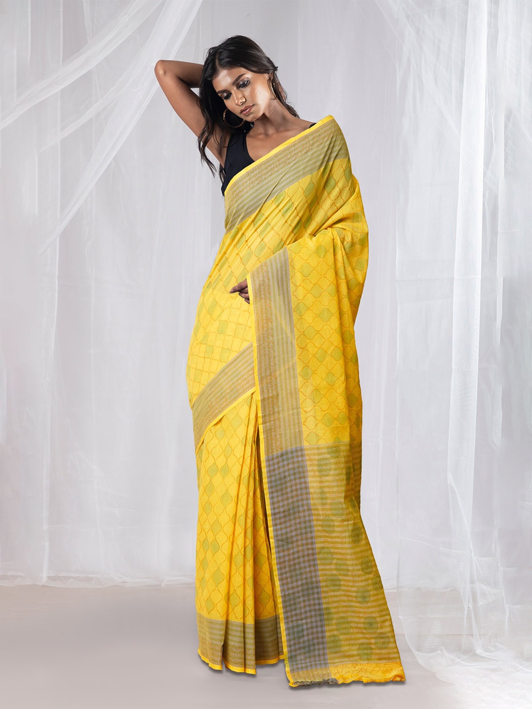 

Unnati Silks Ethnic Motifs Pure Cotton Handloom Mangalagiri Saree, Yellow