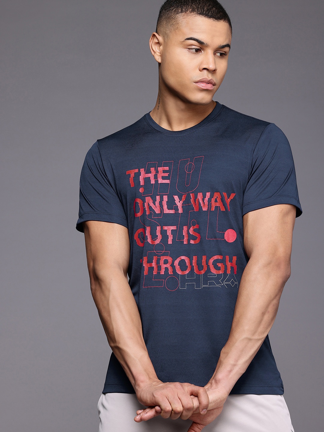 

HRX by Hrithik Roshan Rapid-Dry Typography Training T-shirt, Navy blue