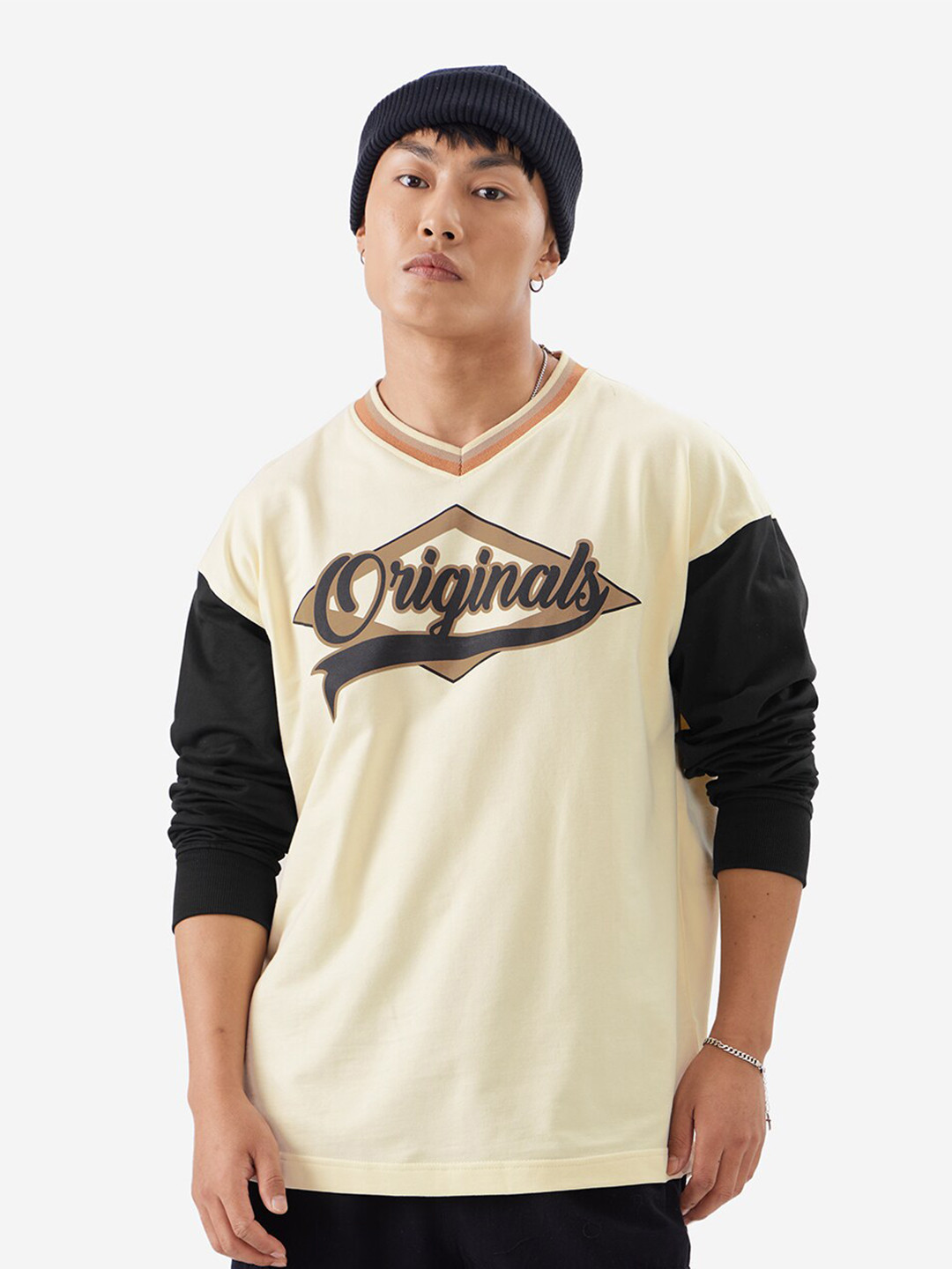 

The Souled Store Men Typography Printed V-Neck T-shirt, Cream