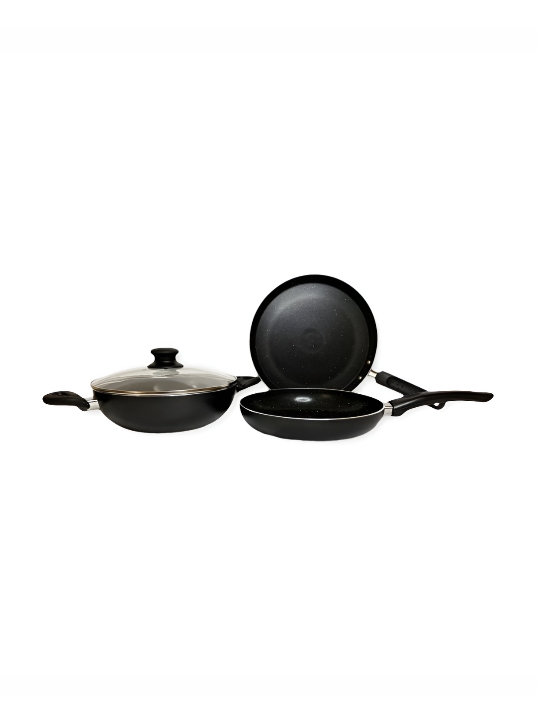 

Savya Home 3-Pcs Black Aluminium Non Stick Tawa, Kadai & Frying Pan With 1 Lid