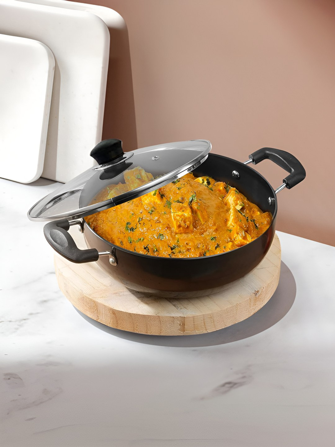 

Savya Home Black Hard Anodised Aluminium Stove & Induction Base Kadai With Glass Lid-2.4 L