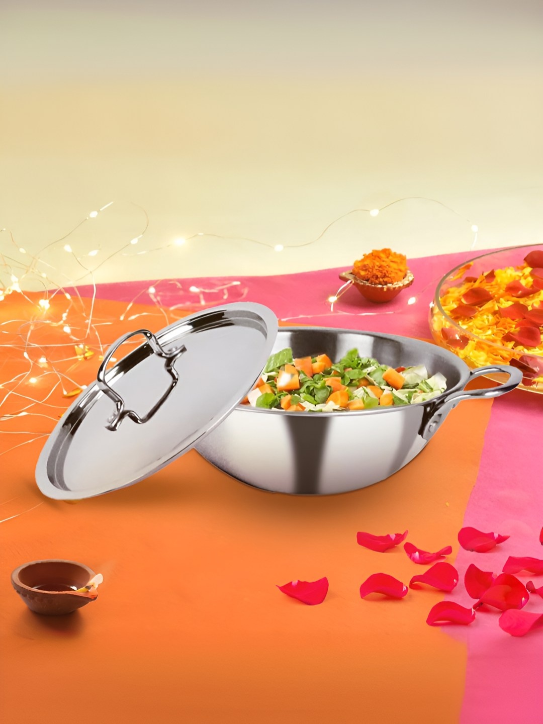 

Savya Home Triply Stainless Steel Stove & Induction Compatible Kadai With Lid-2.2L, Silver