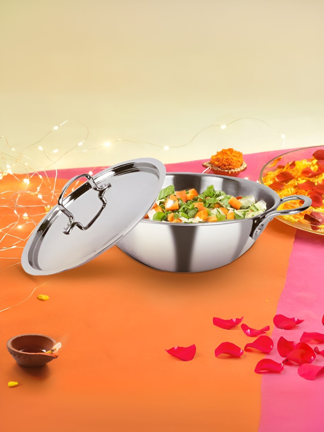 

Savya Home Triply Stainless Steel Stove & Induction Compatible Kadai With Lid-3.6L, Silver