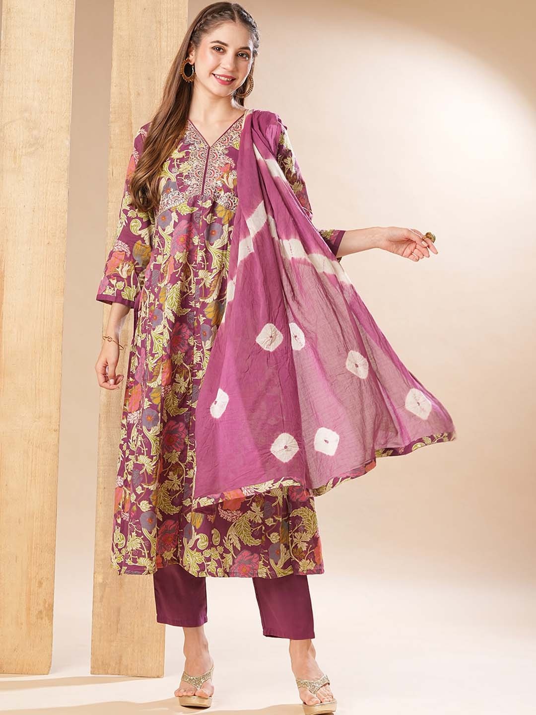 

FASHOR Floral Printed Panelled Pure Cotton A-Line Kurta with Palazzos & Dupatta, Mauve