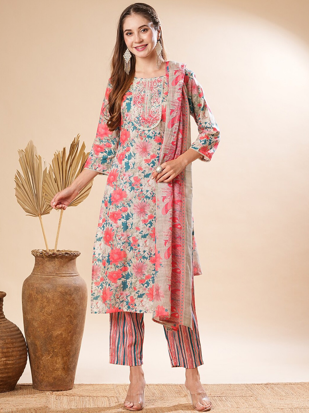 

FASHOR Floral Printed Thread Work Pure Cotton Straight Kurta With Trousers & Dupatta, Peach