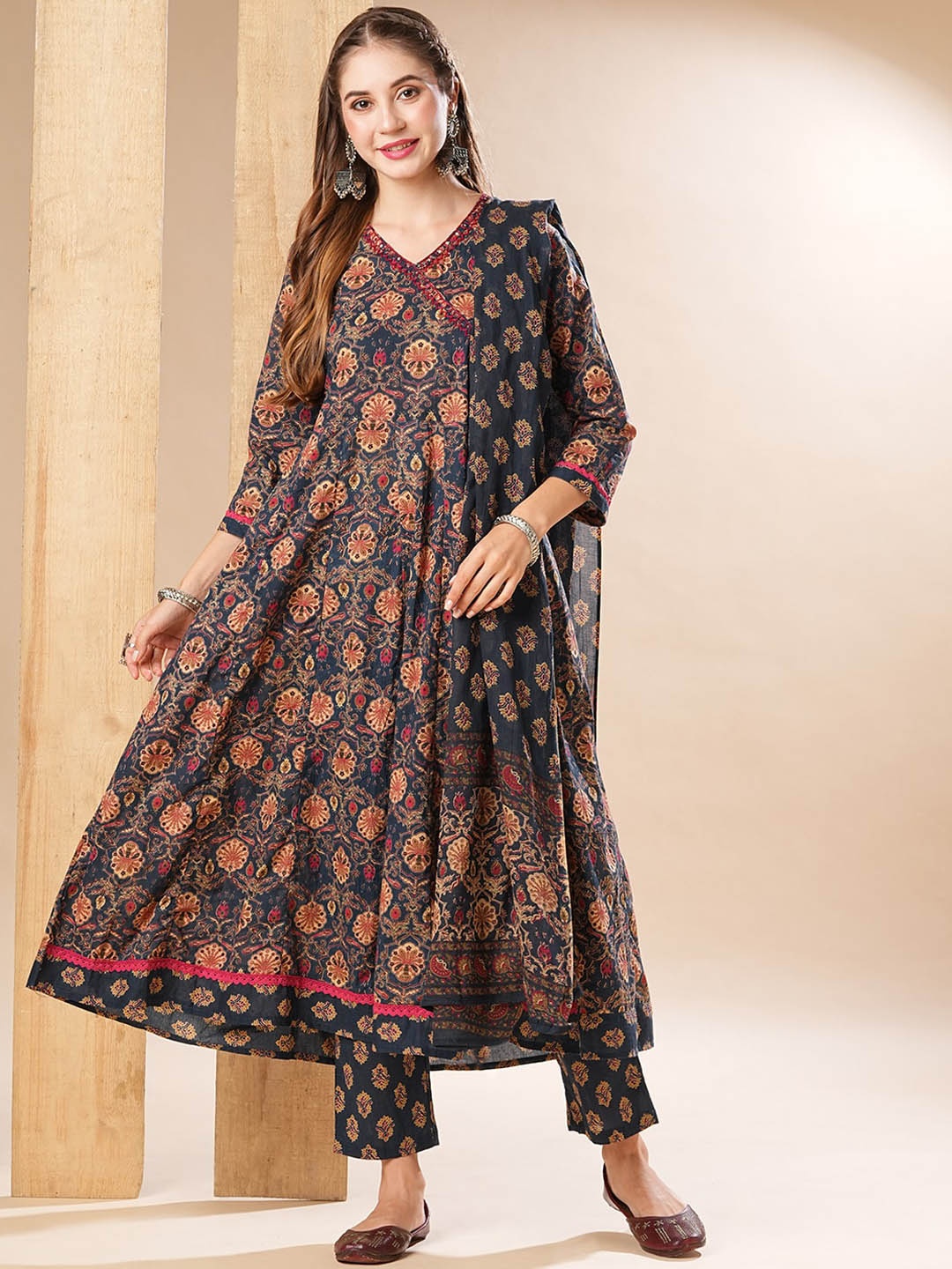 

FASHOR V Neck Floral Printed Panelled Pure Cotton Anarkali Kurta with Trouser & Dupatta, Blue