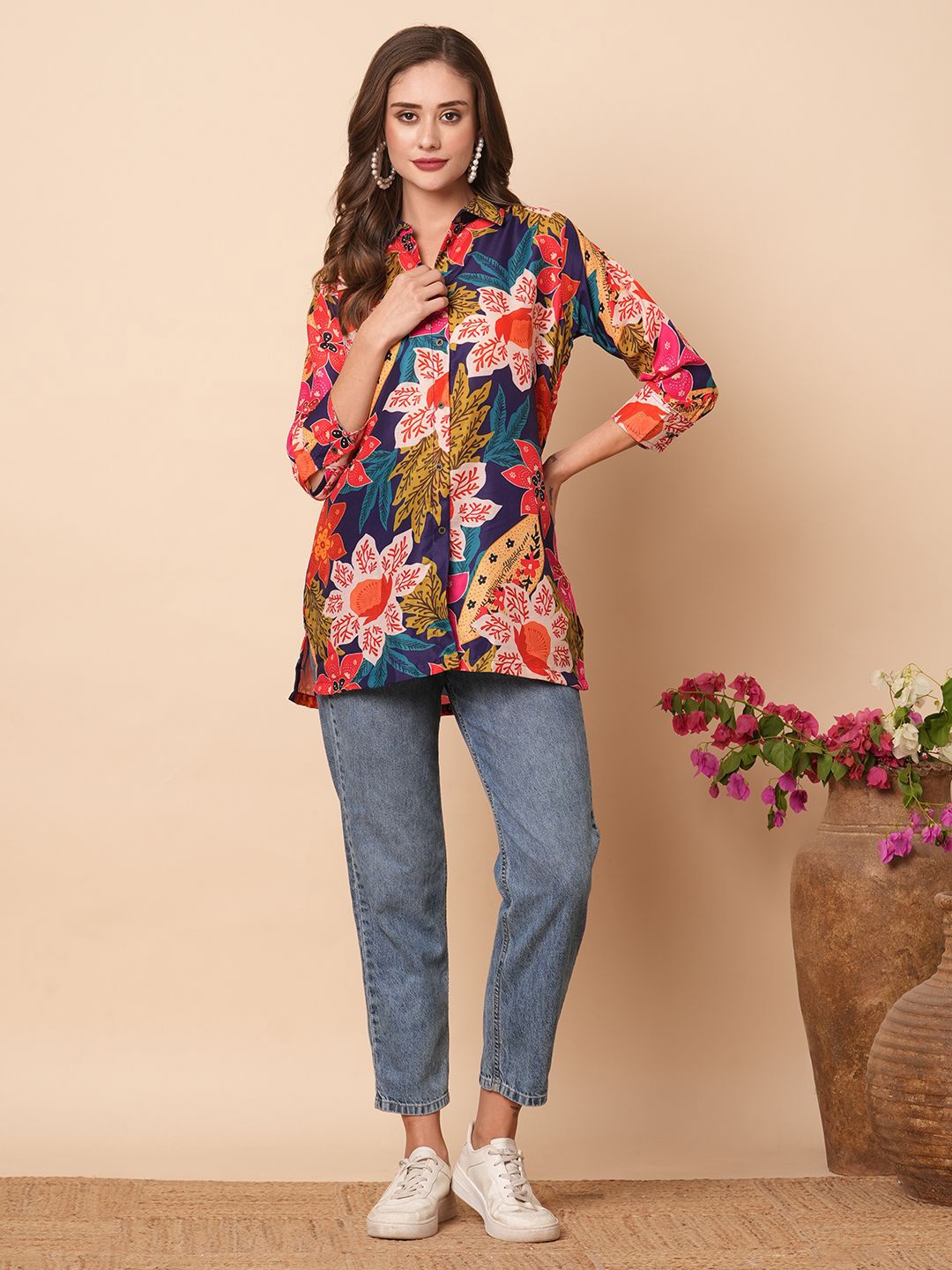 

FASHOR Women Printed Shirt-Collar Shirt, Red