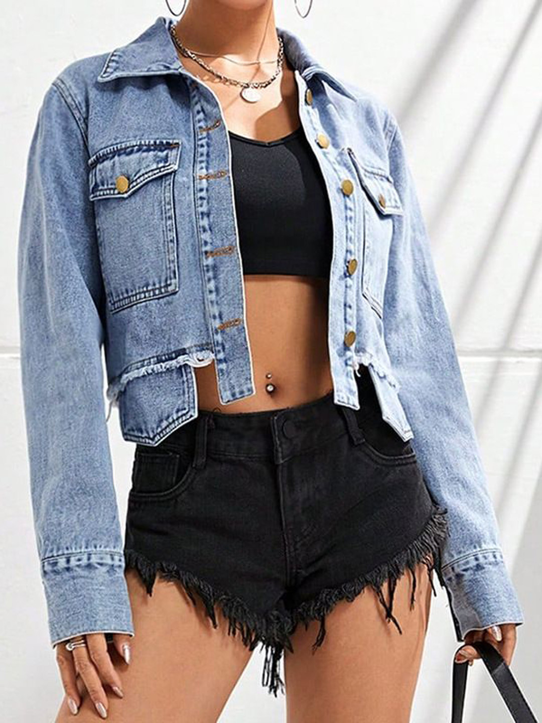 

StyleCast x Revolte Women Washed Longline Denim Jacket with Patchwork, Blue