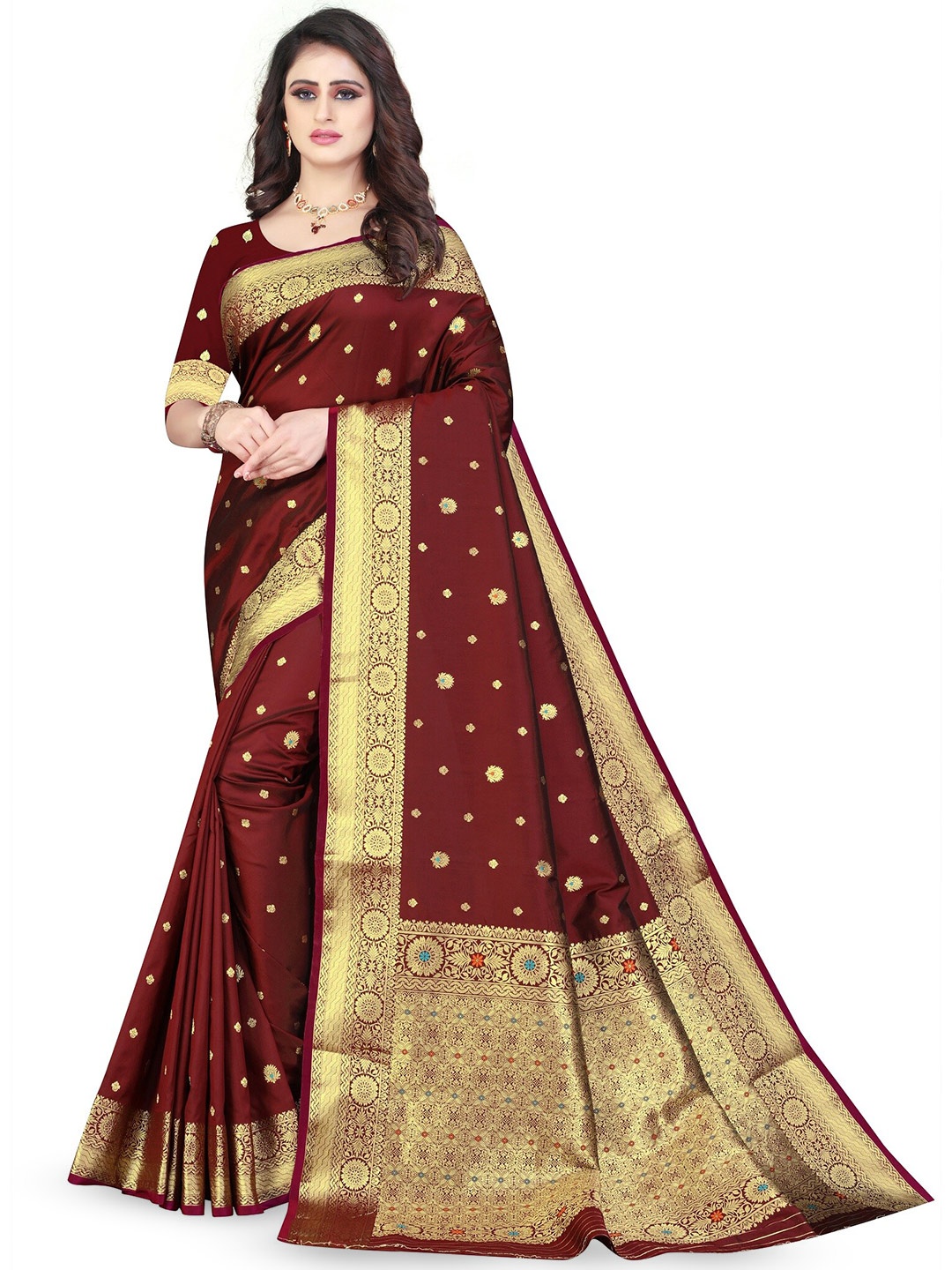 

THE WOMEN DECOR Woven Design Zari Pure Silk Banarasi Saree, Maroon