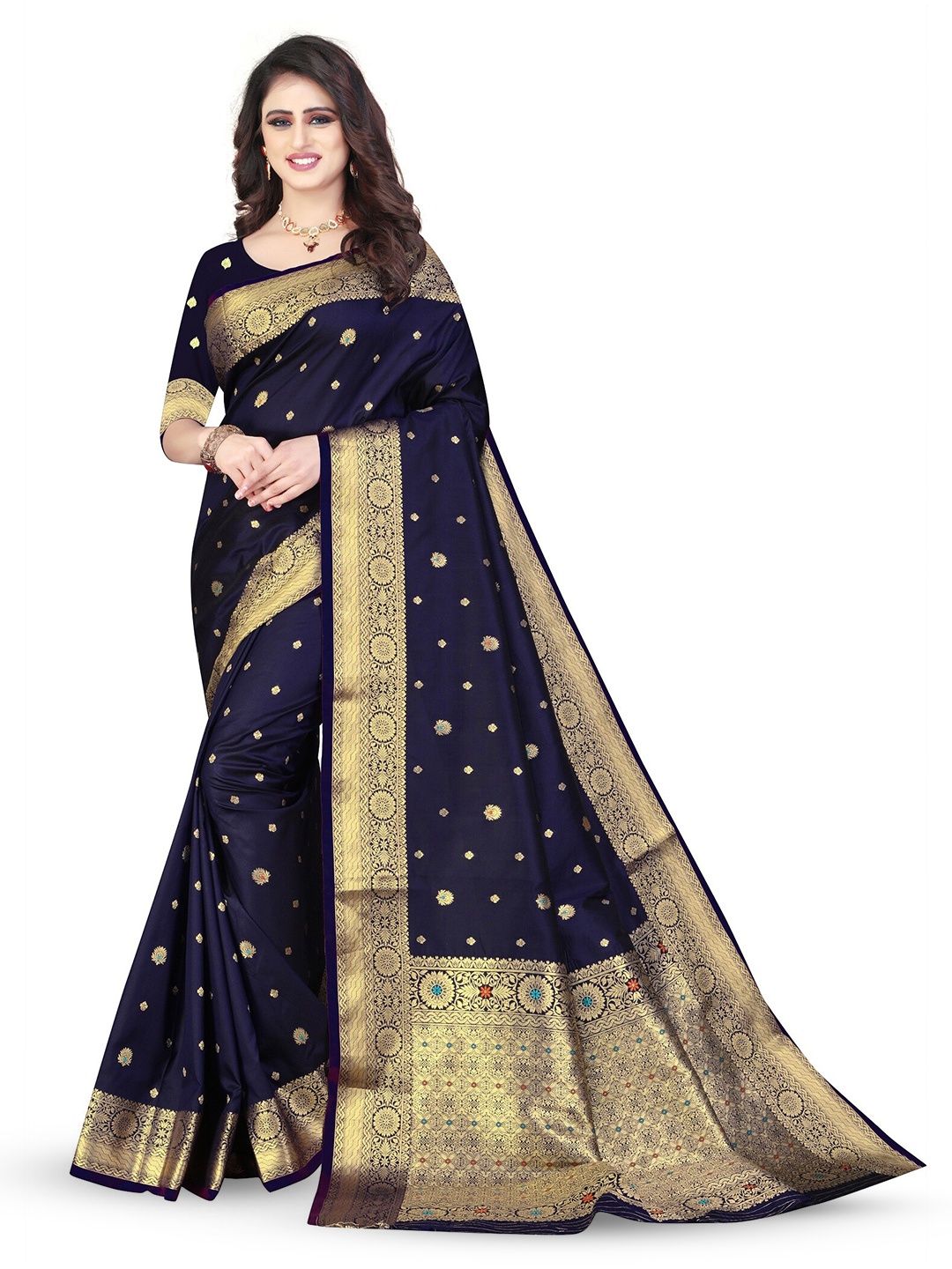 

THE WOMEN DECOR Woven Design Zari Pure Silk Banarasi Saree, Navy blue