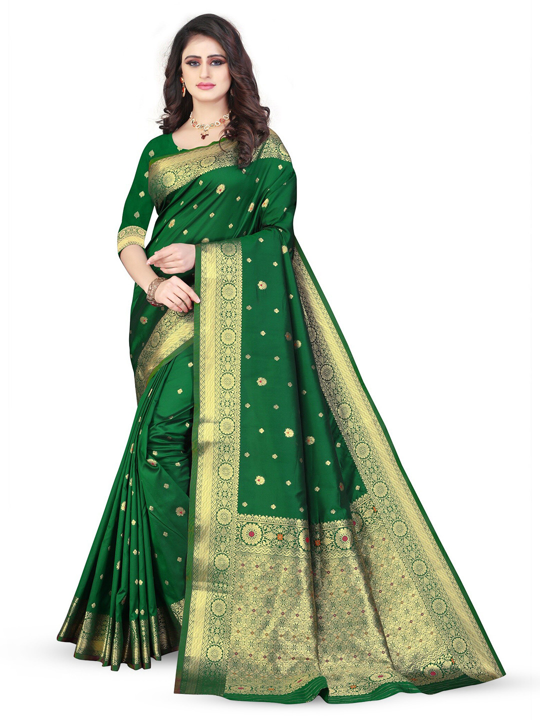 

THE WOMEN DECOR Woven Design Zari Pure Silk Banarasi Saree, Green