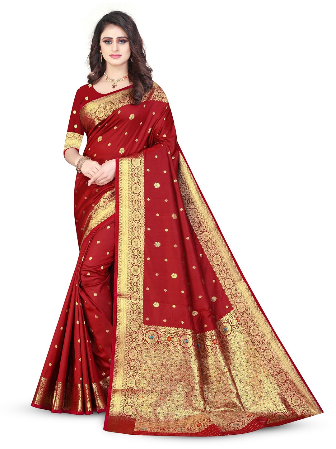

THE WOMEN DECOR Woven Design Zari Pure Silk Banarasi Saree, Red
