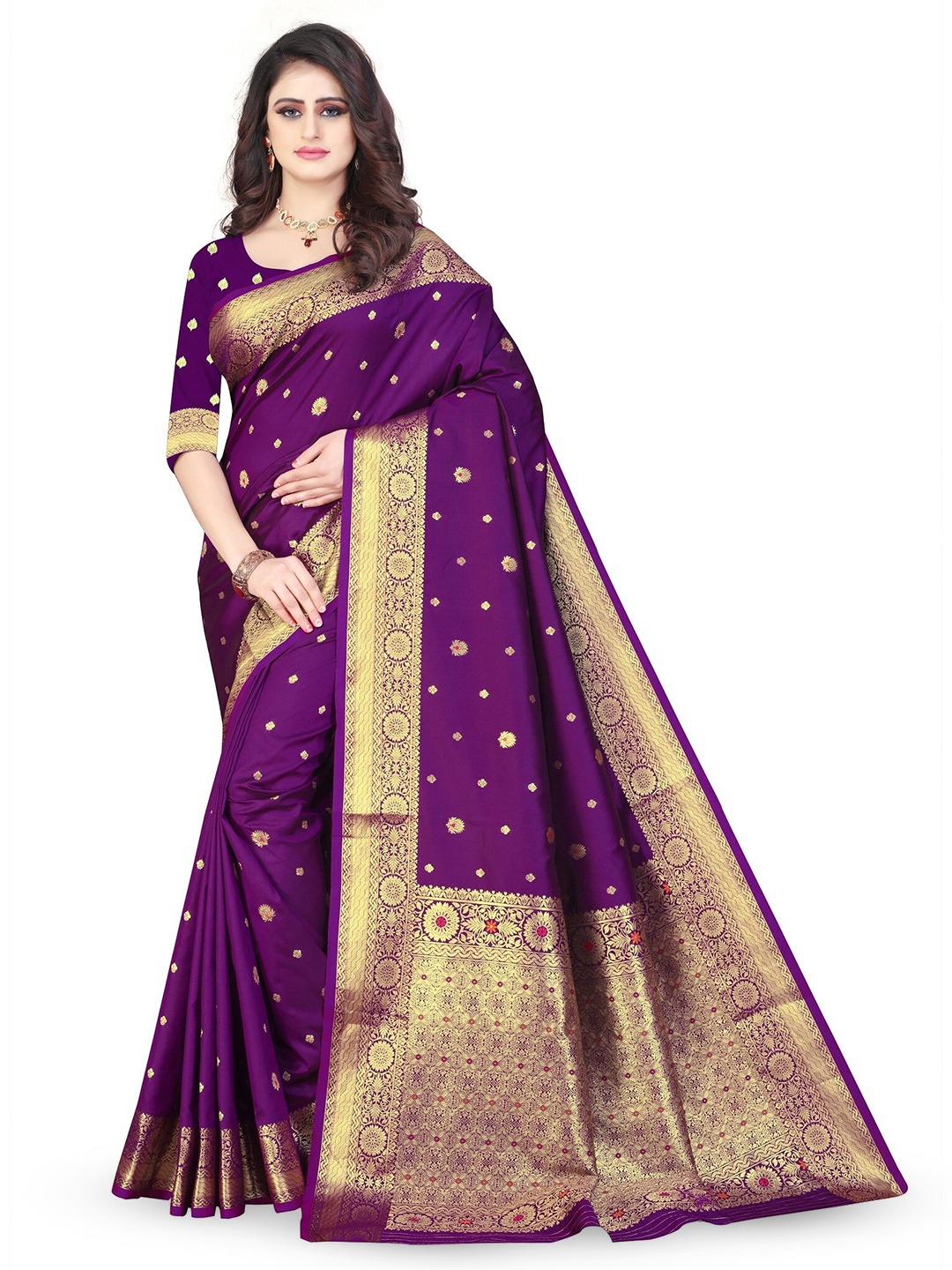 

THE WOMEN DECOR Woven Design Zari Pure Silk Banarasi Saree, Purple