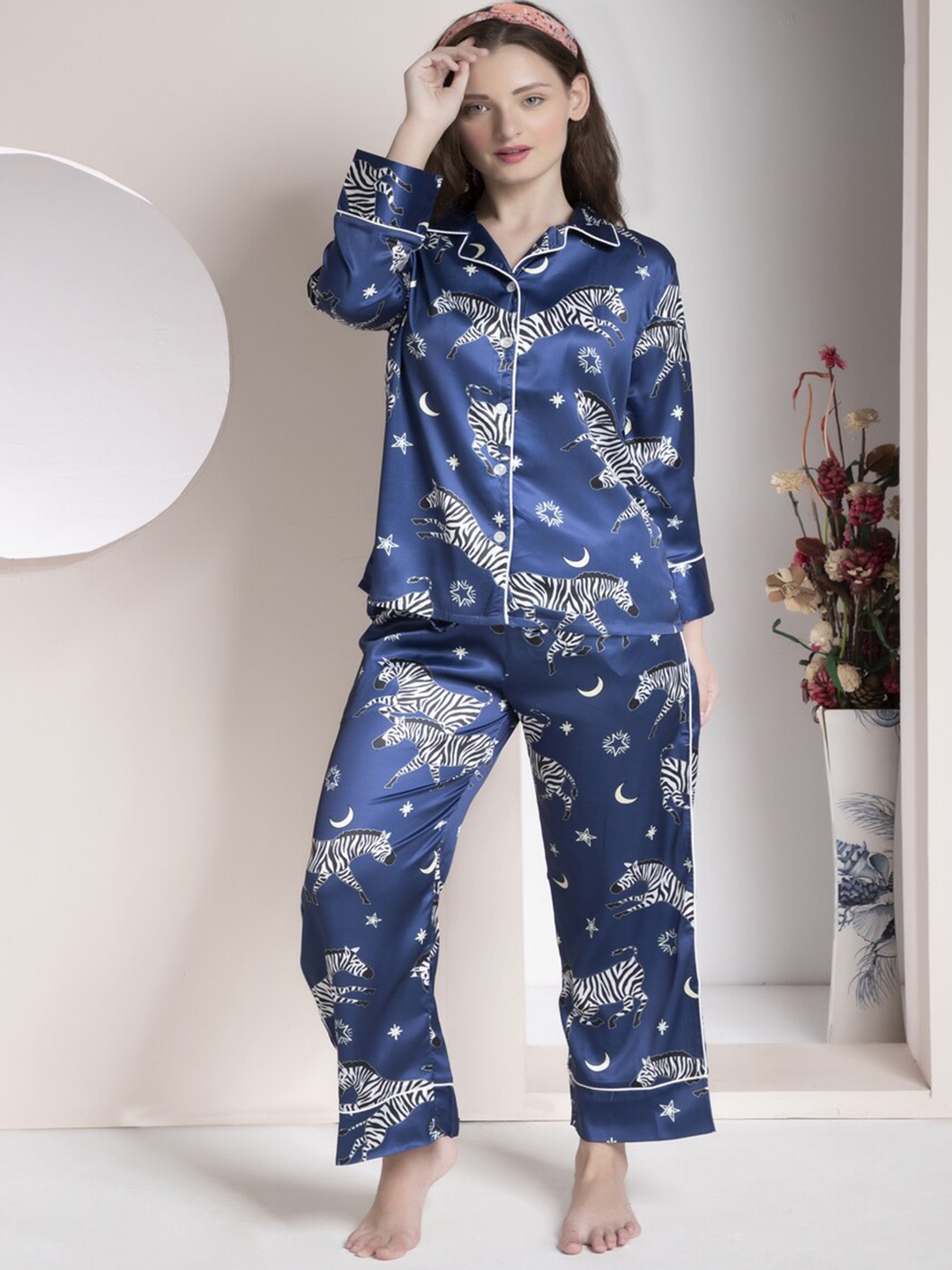 

Ezme Studio Women Satin Animal Printed Night suit, Blue