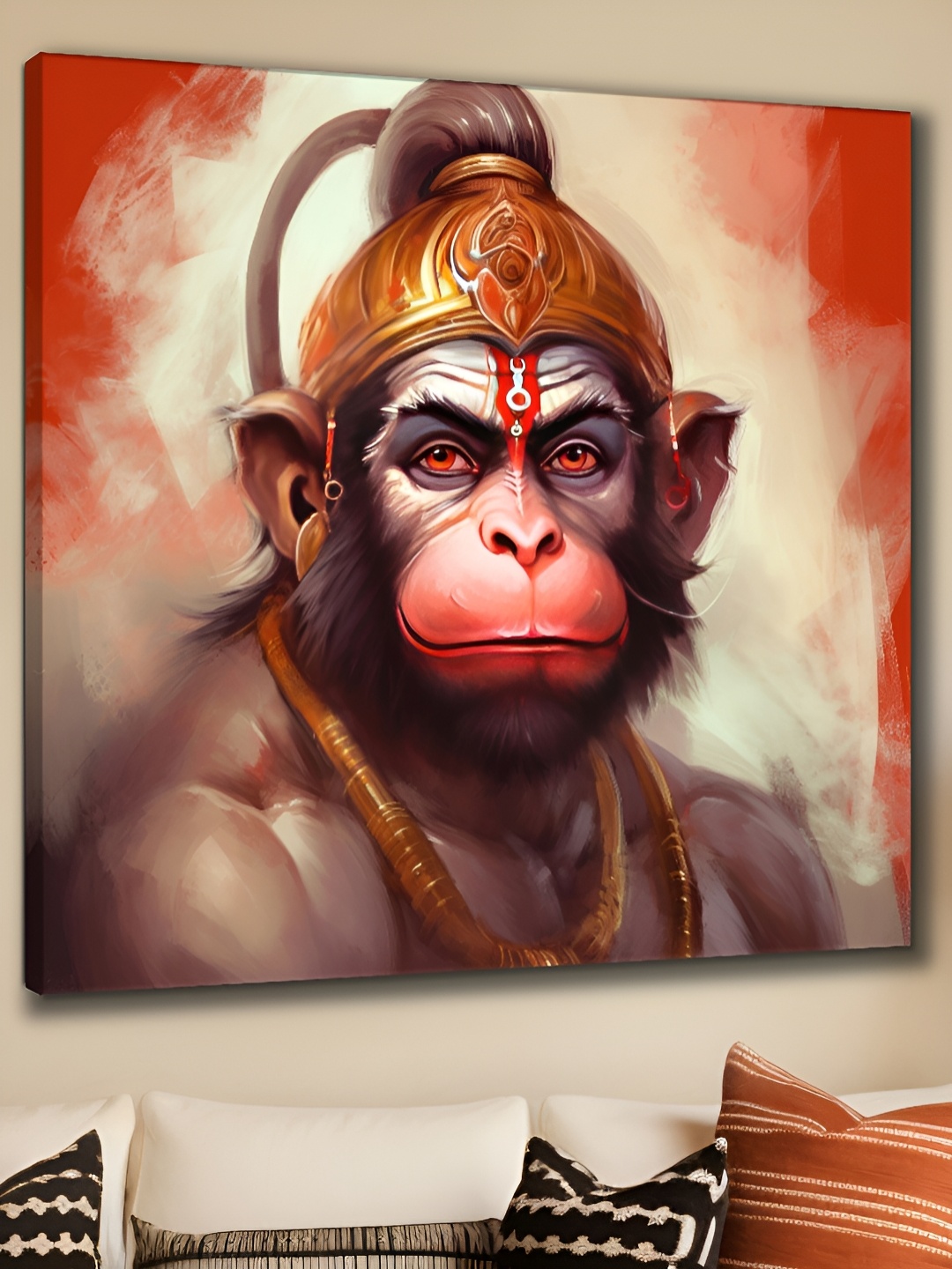 

Aura White & Beige Lord Hanuman Canvas Religious Wall Painting