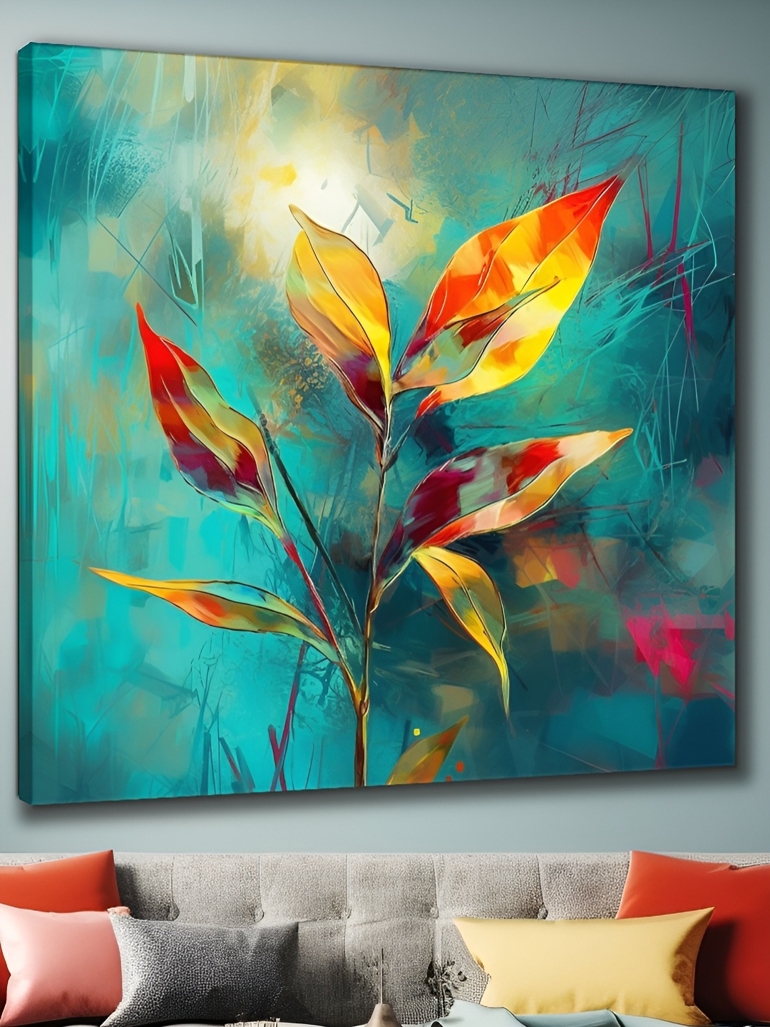 

Aura Green & Orange Floral Theme Canvas Wall Painting