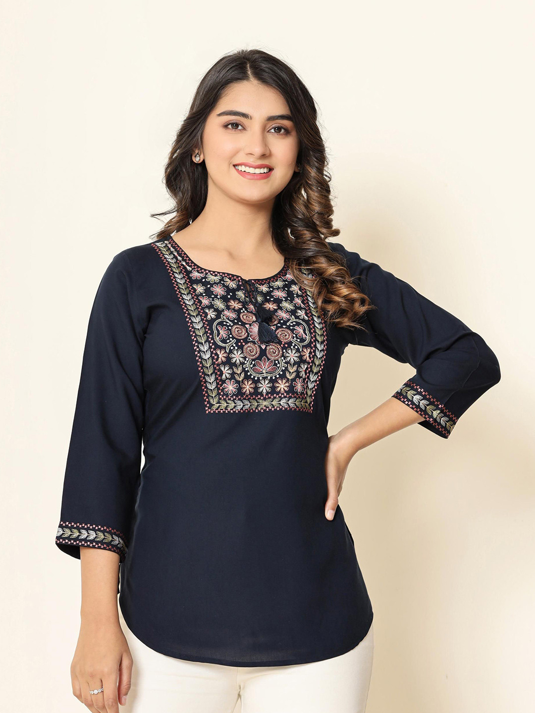 

Anouk Embroidered Round Neck Floral Print Ethnic Top, Navy blue