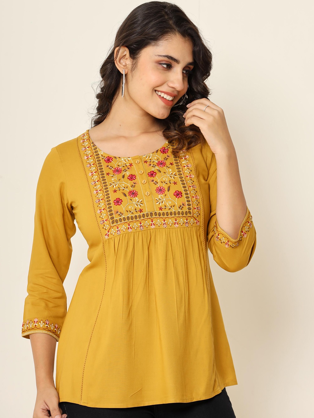 

Anouk Embroidered Round Neck Floral Print Ethnic Top, Mustard