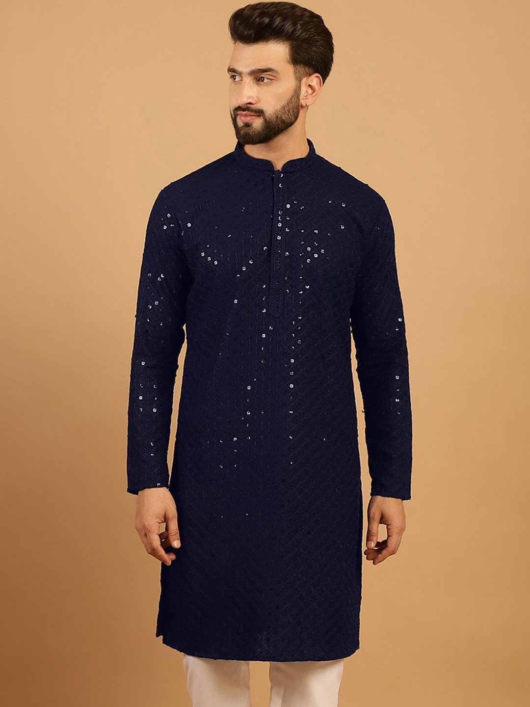 

TREEMODA Embroidered Sequinned Mandarin Collar Straight Kurta, Navy blue