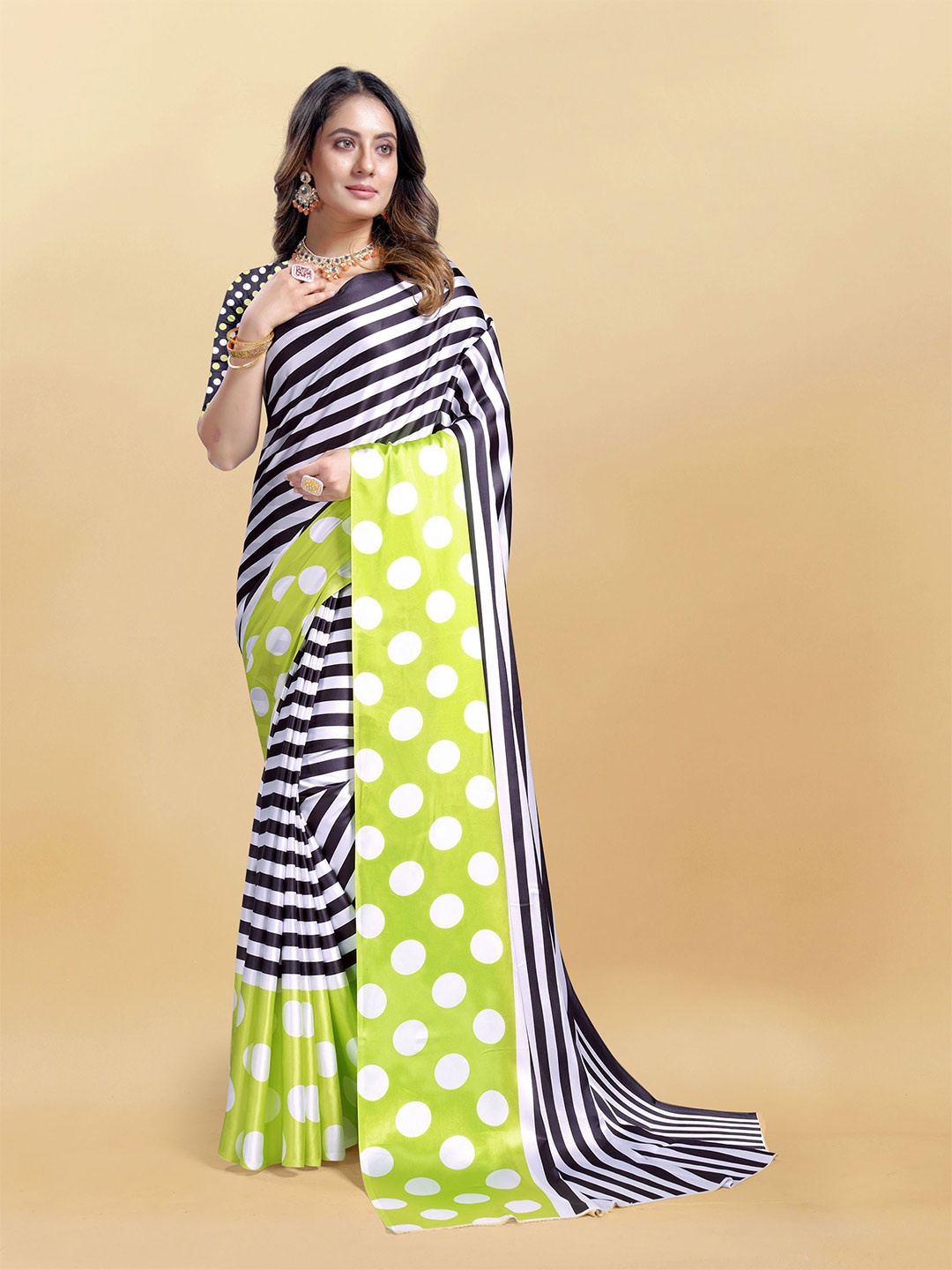 

KALINI Striped Satin Saree, Black