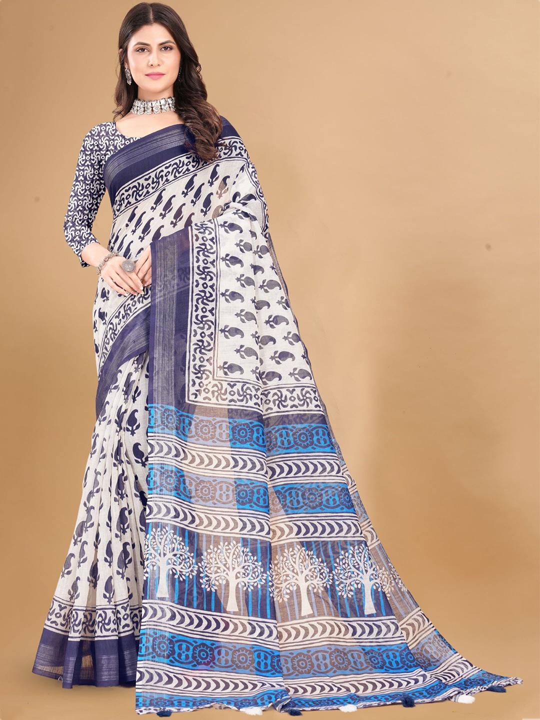 

KALINI Ethnic Motifs Pure Linen Saree, Off white