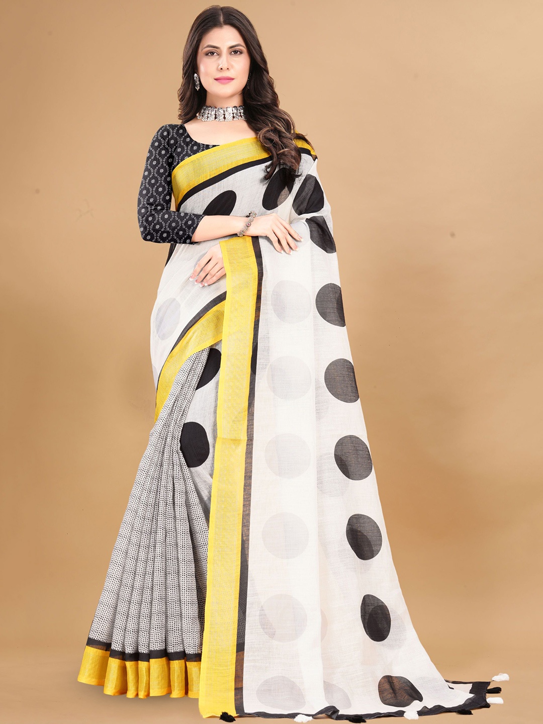 

KALINI Polka Dot Zari Pure Linen Saree, White