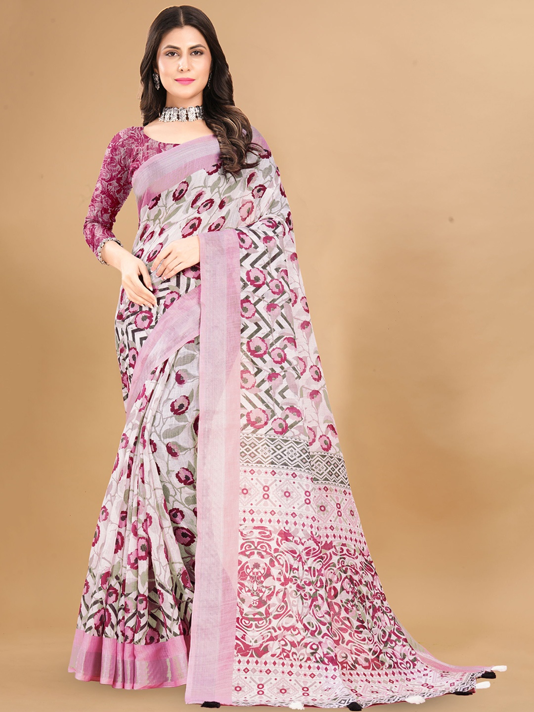 

KALINI Floral Pure Linen Saree, Pink