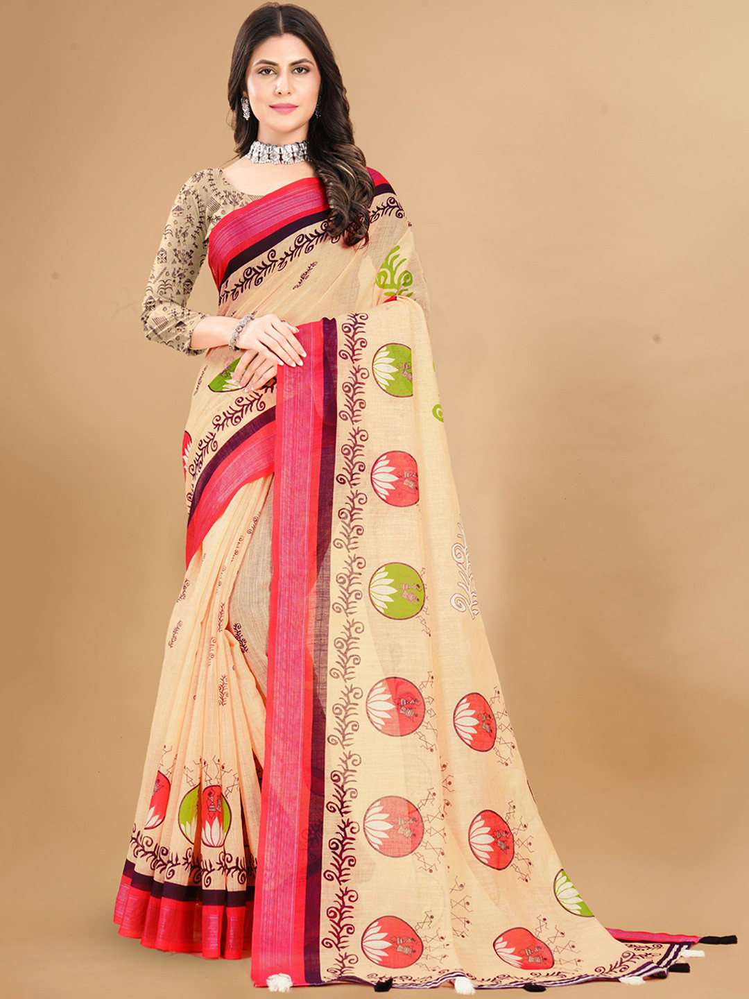 

KALINI Womens Floral Zari Pure Linen Saree, Cream