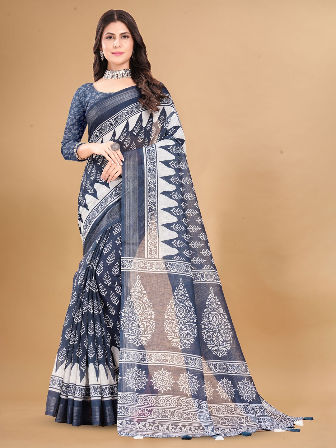 

KALINI Women Ethnic Motifs Zari Pure Linen Saree, Blue