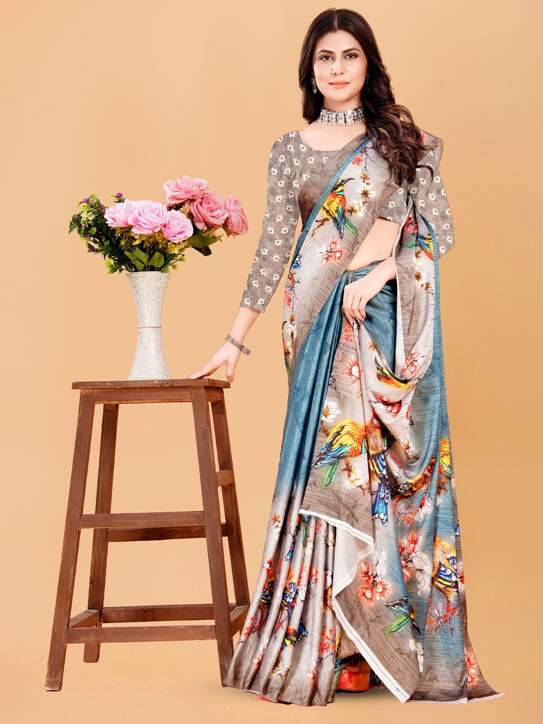 

KALINI Ethnic Motifs Satin Saree, Blue