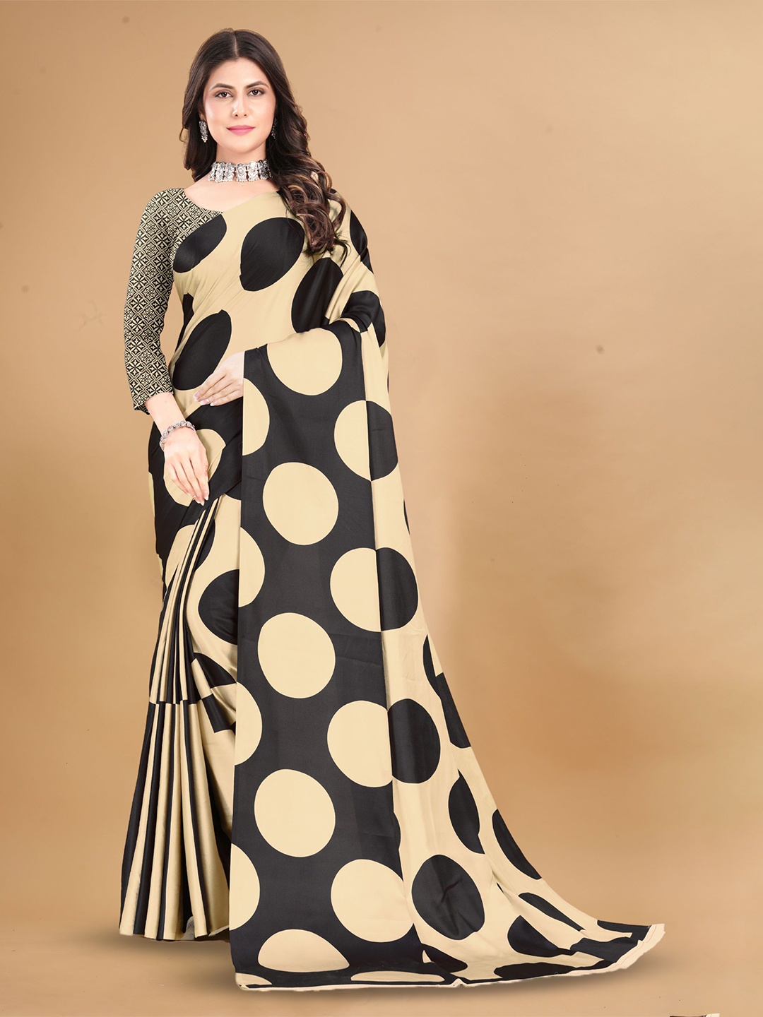 

KALINI Polka Dot Satin Saree, Cream