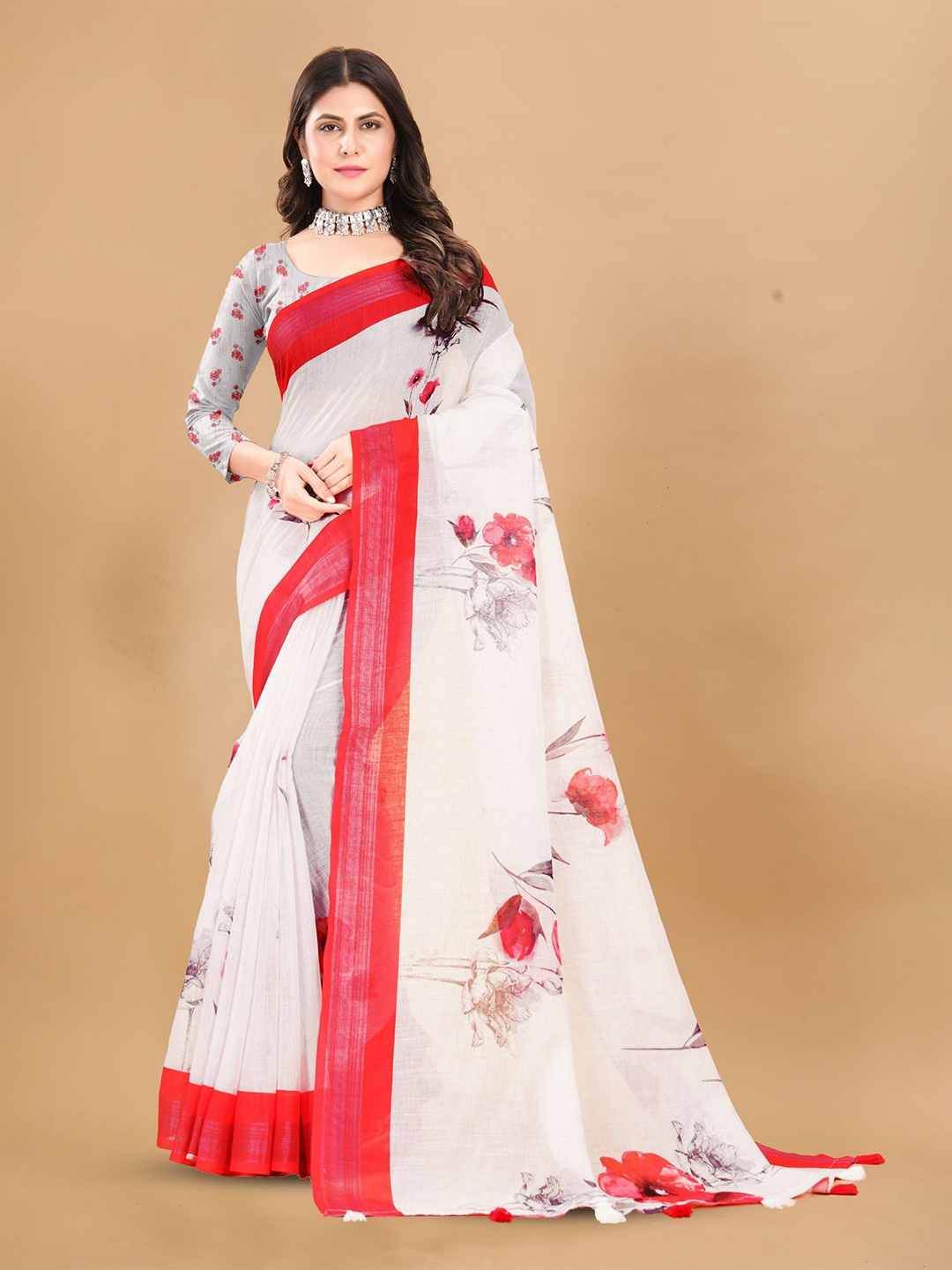 

KALINI Floral Zari Pure Linen Saree, White