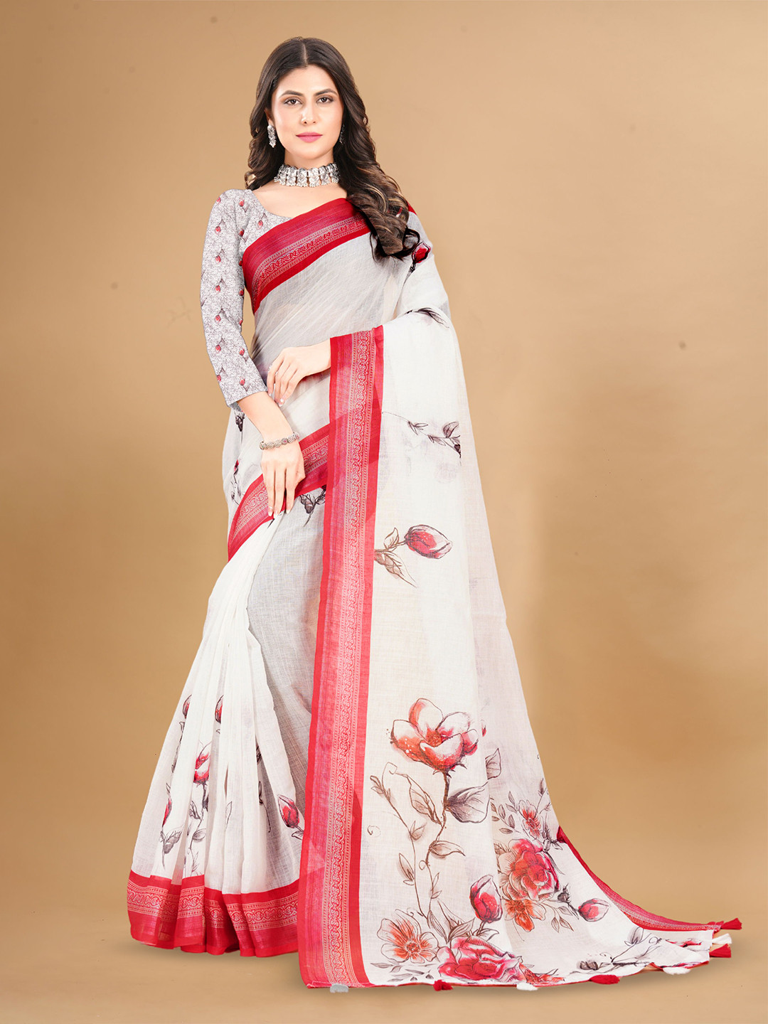 

KALINI Floral Zari Pure Linen Saree, White