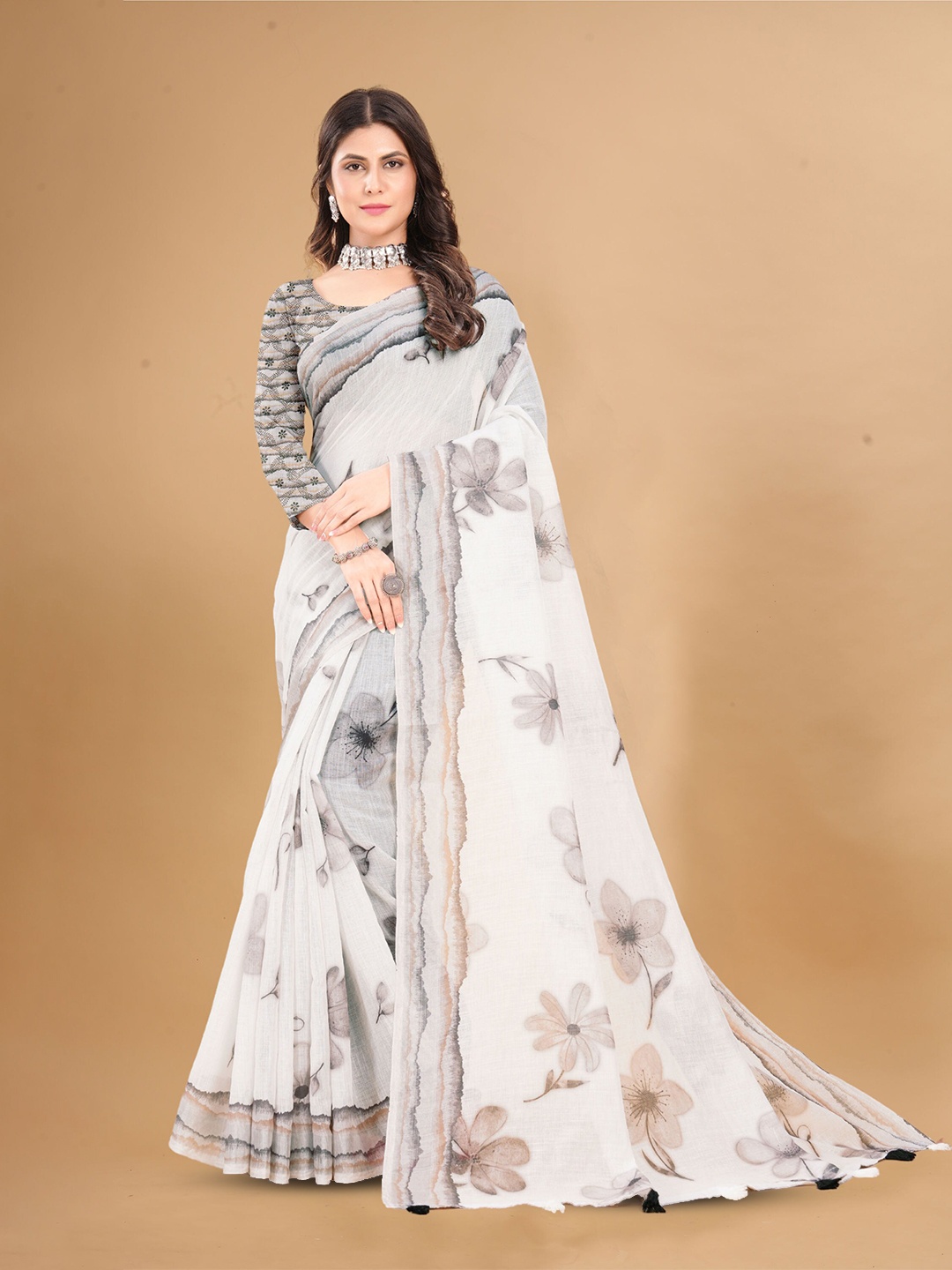 

KALINI Floral Printed Pure Linen Saree, White