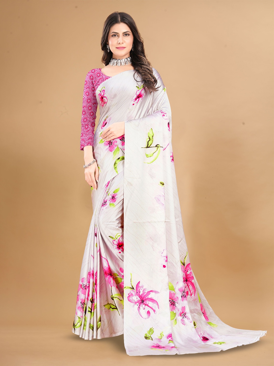 

KALINI Floral Satin Saree, White