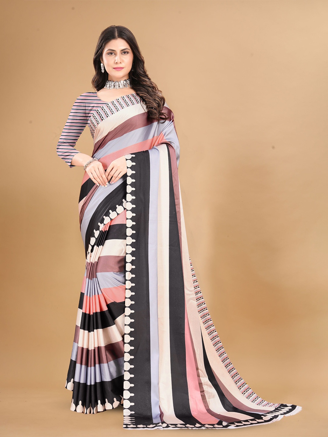 

KALINI Striped Satin Saree, Black