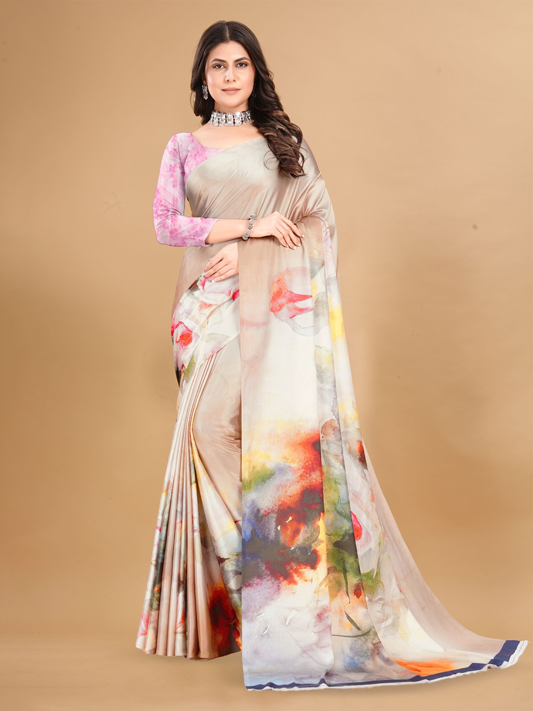 

KALINI Satin Floral Saree, Cream