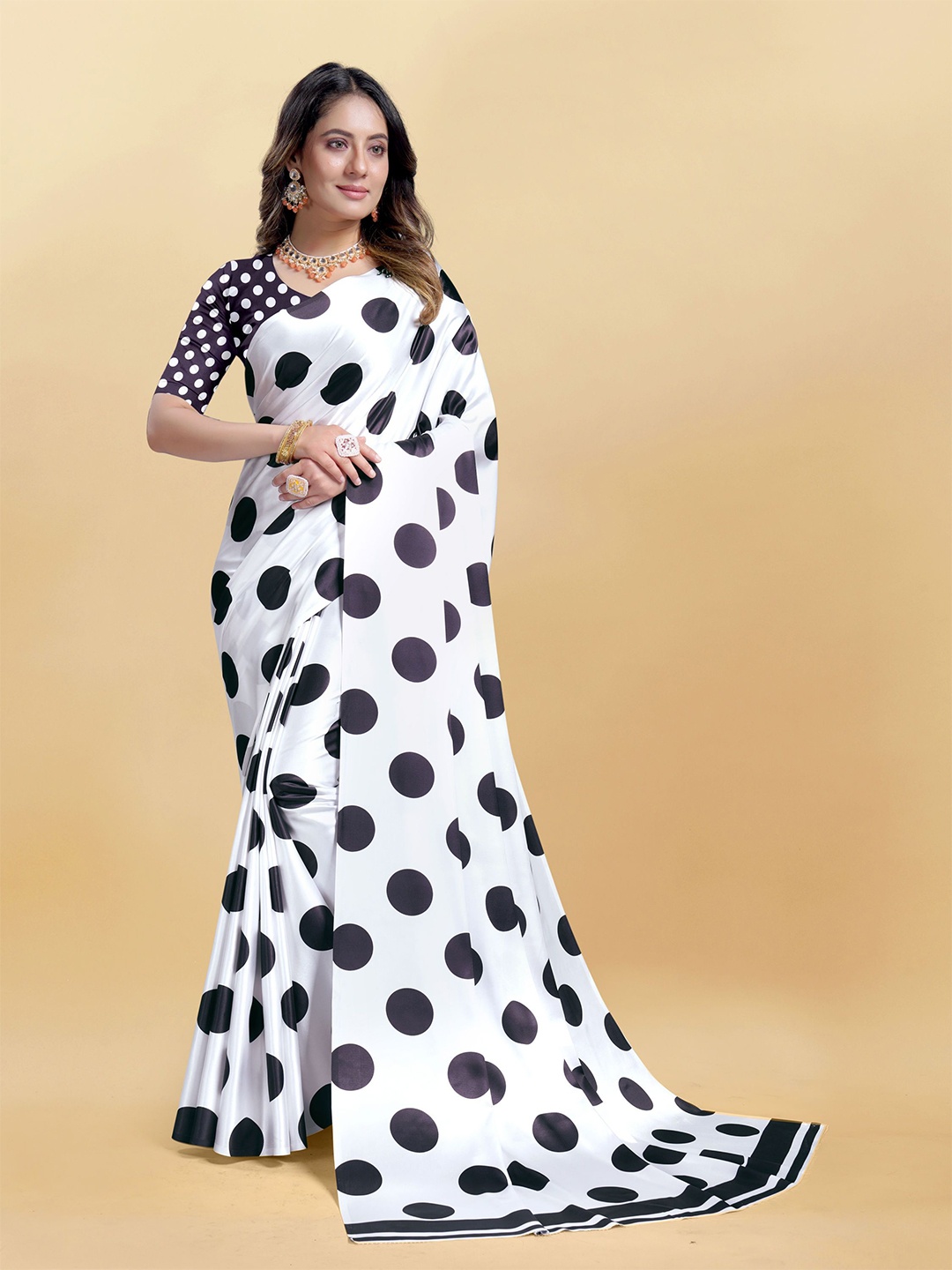 

KALINI Polka Dot Printed Satin Saree, White