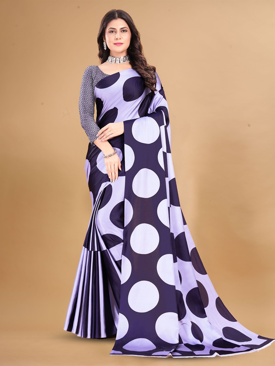

KALINI Polka Dot Satin Saree, Purple