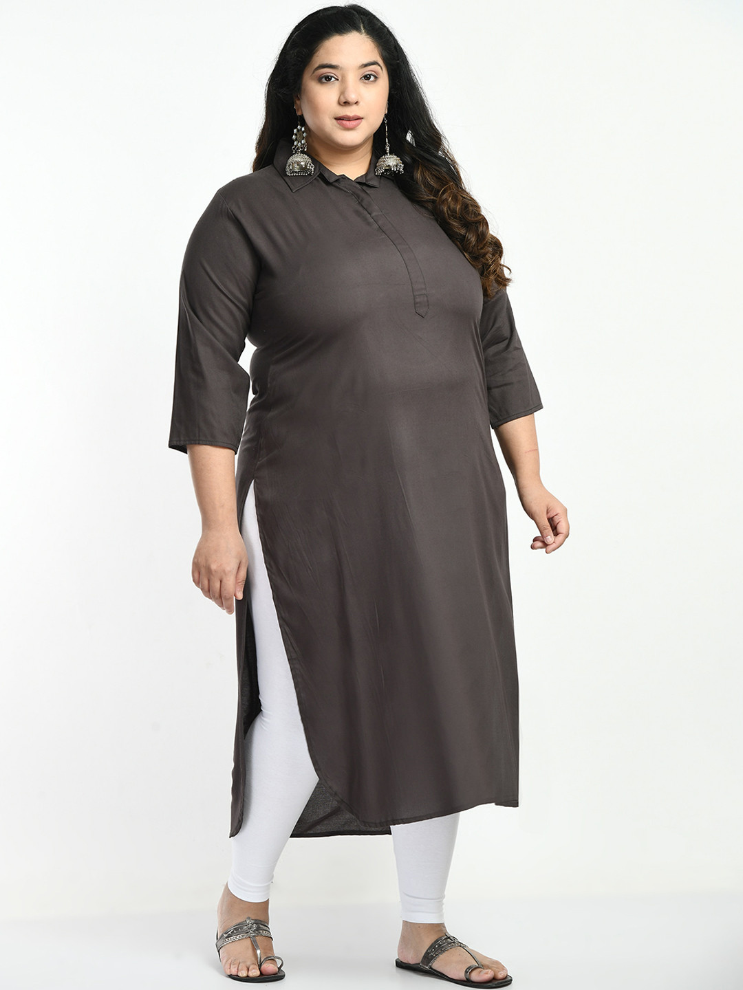 

AnjuShree Choice Plus Size Shirt Collar Straight Kurta, Grey