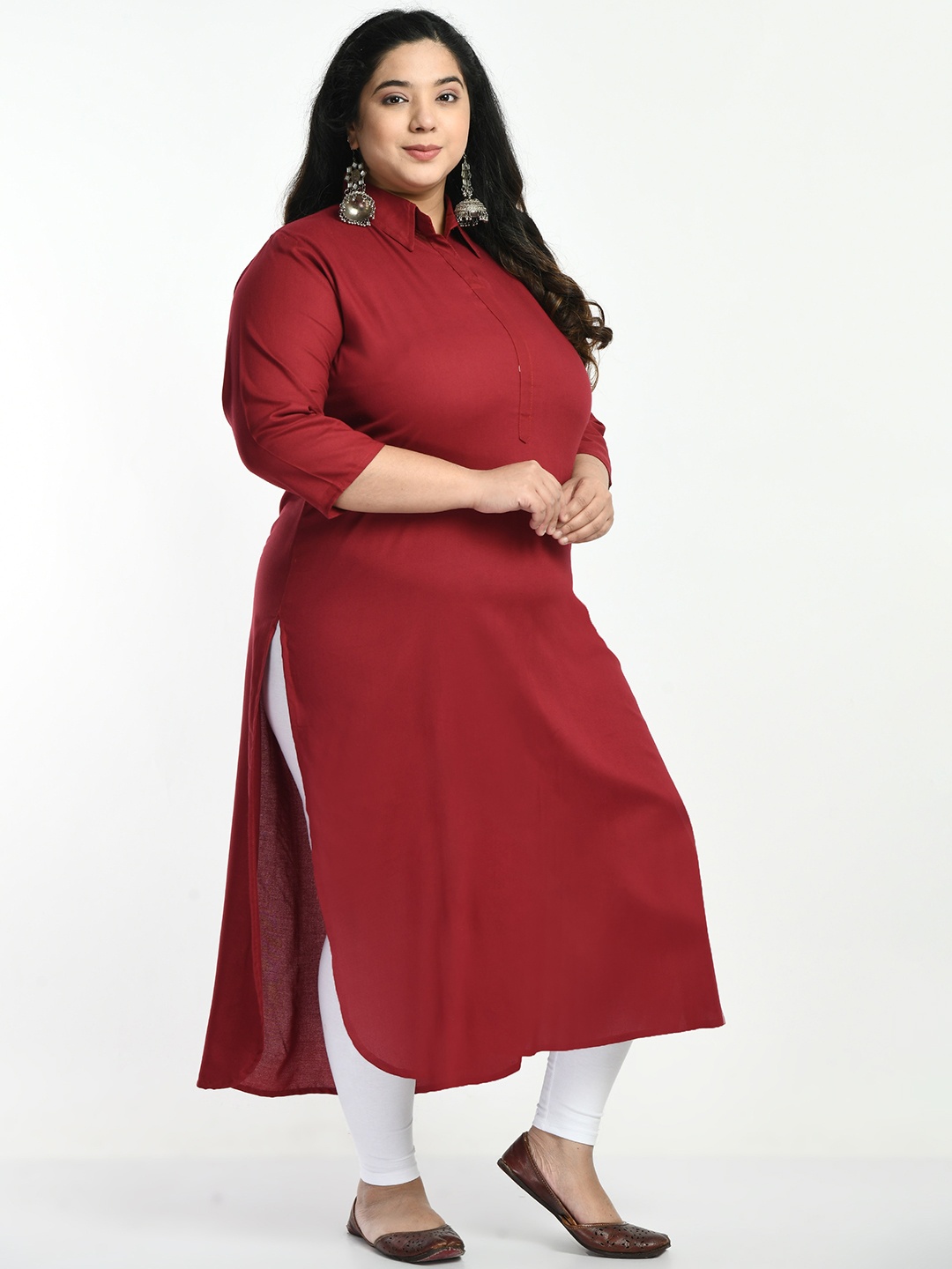 

AnjuShree Choice Plus Size Shirt Collar Straight Kurta, Maroon