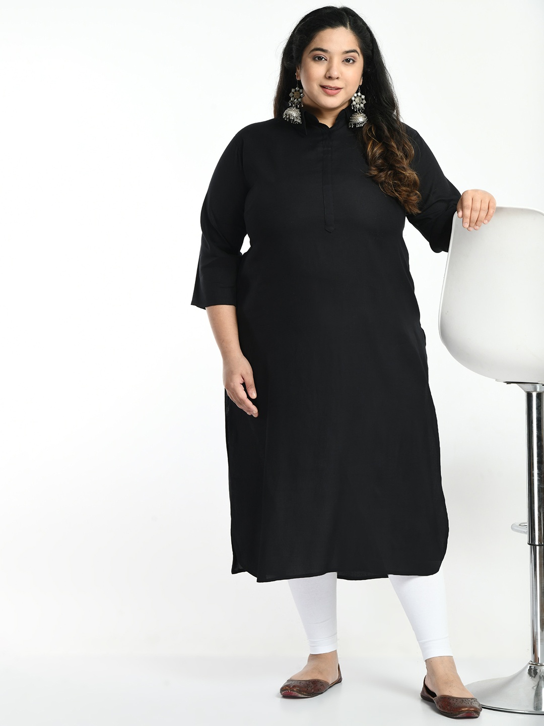 

AnjuShree Choice Plus Size Shirt Collar Kurta, Black