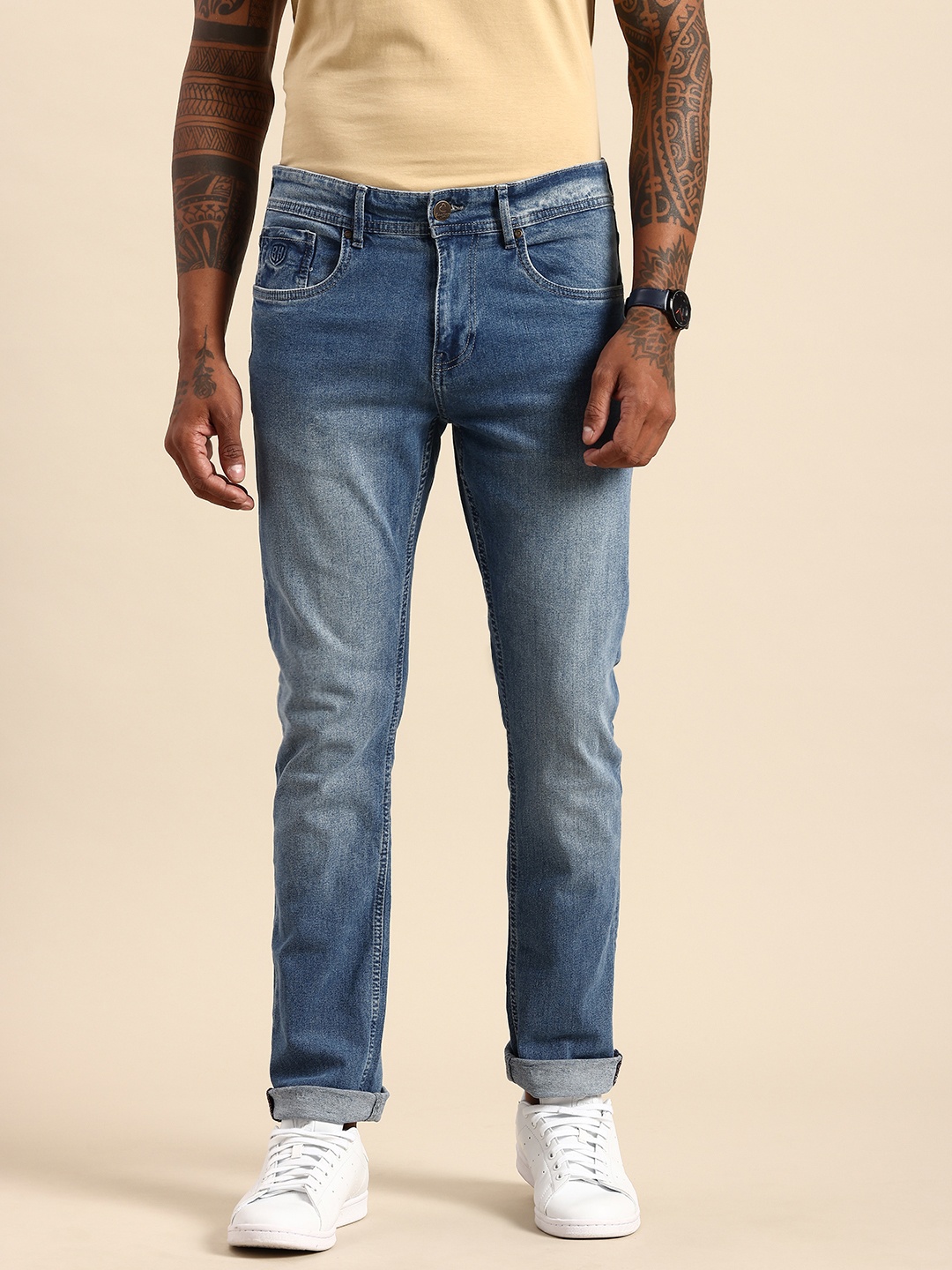 

Being Human Men Straight Fit Heavy Fade Stretchable Jeans, Blue
