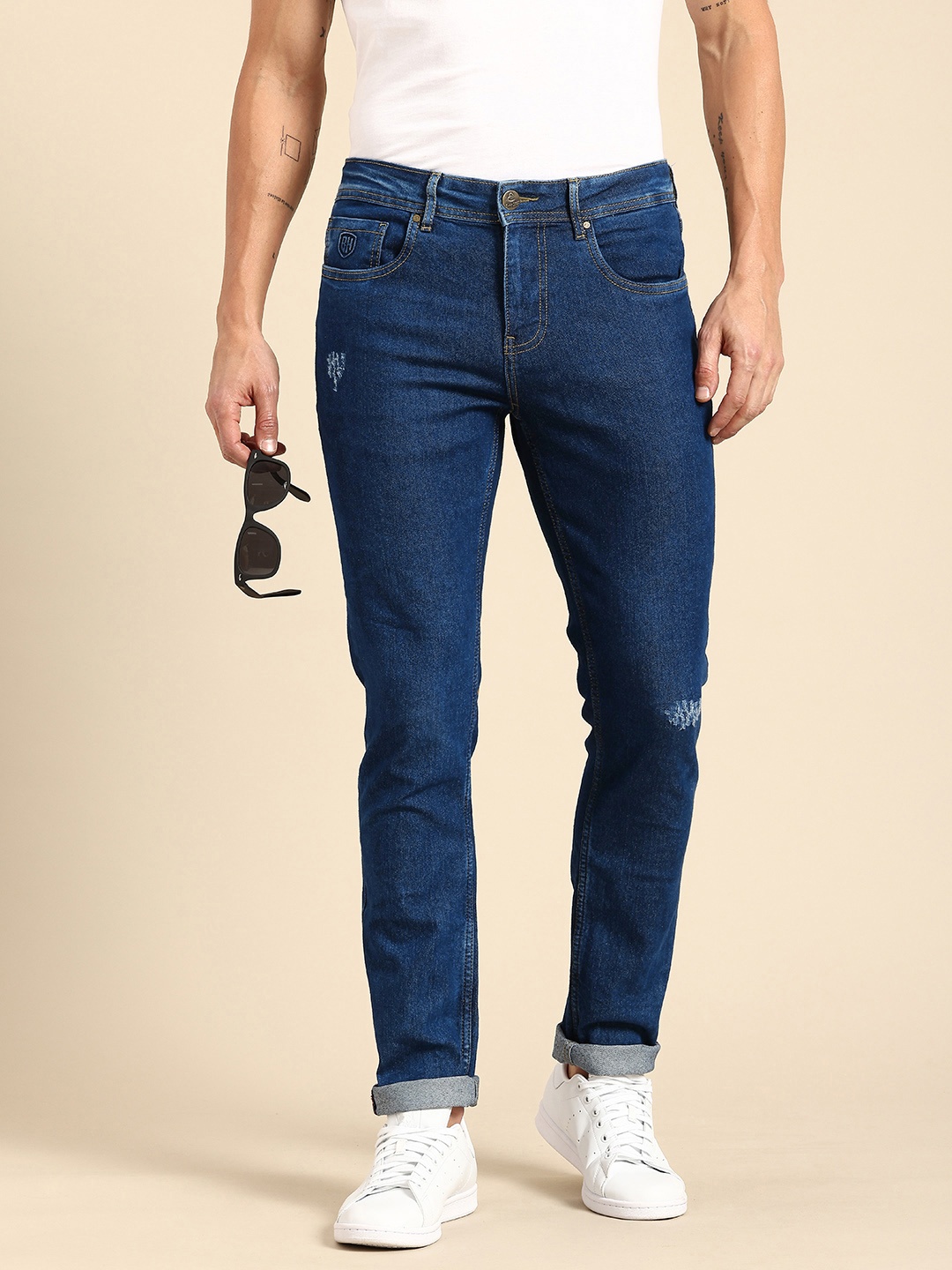 

Being Human Men Straight Fit Low Distress Stretchable Jeans, Blue
