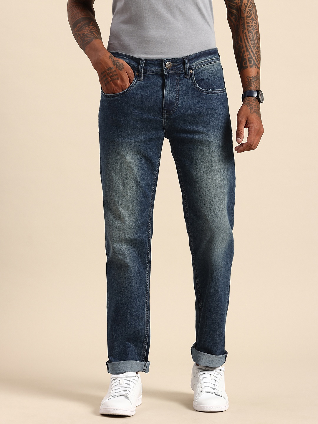 

Being Human Men Straight Fit Heavy Fade Stretchable Jeans, Blue