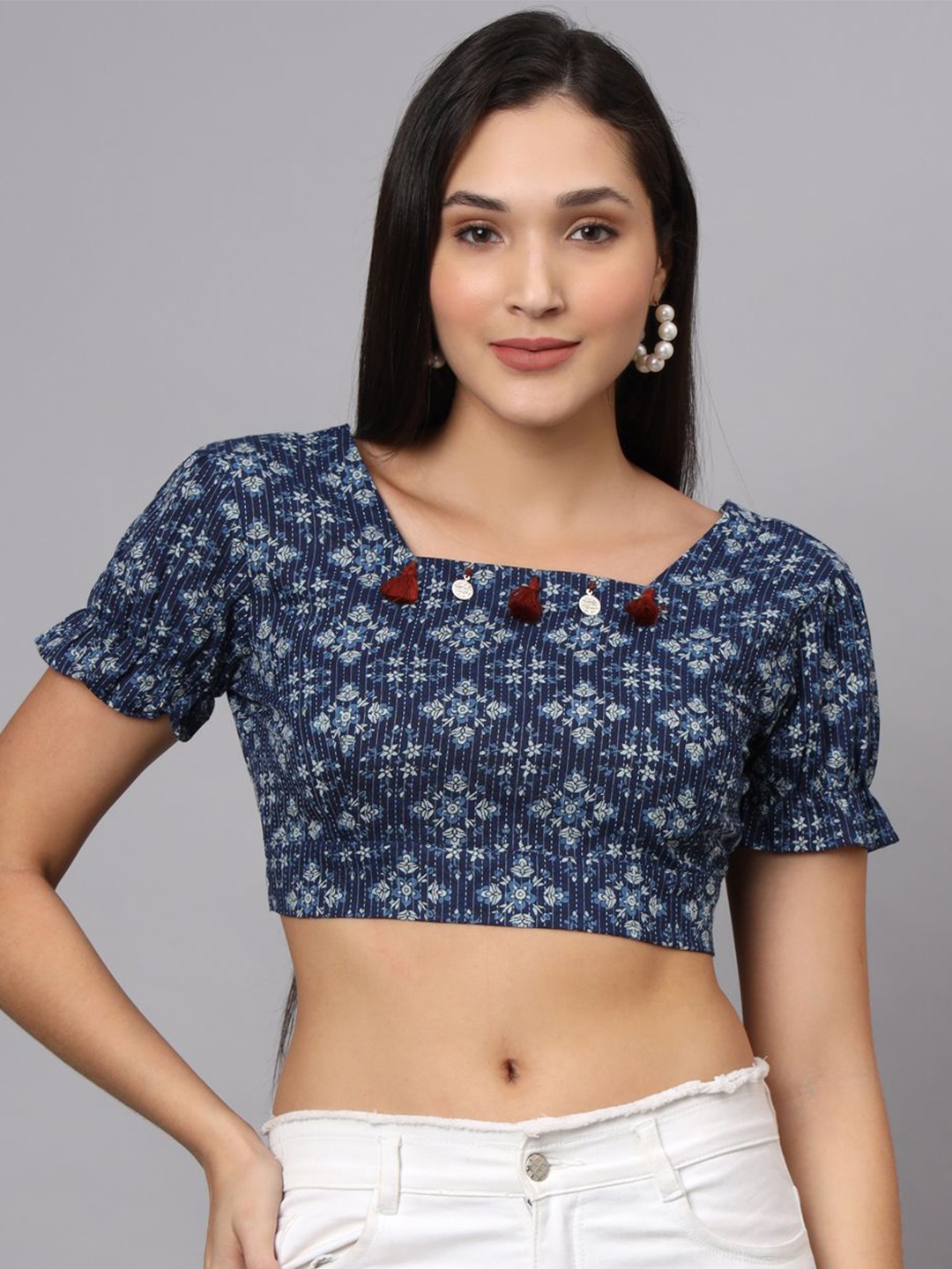 

FABRIC FITOOR Floral Printed Cotton Crop Top, Blue