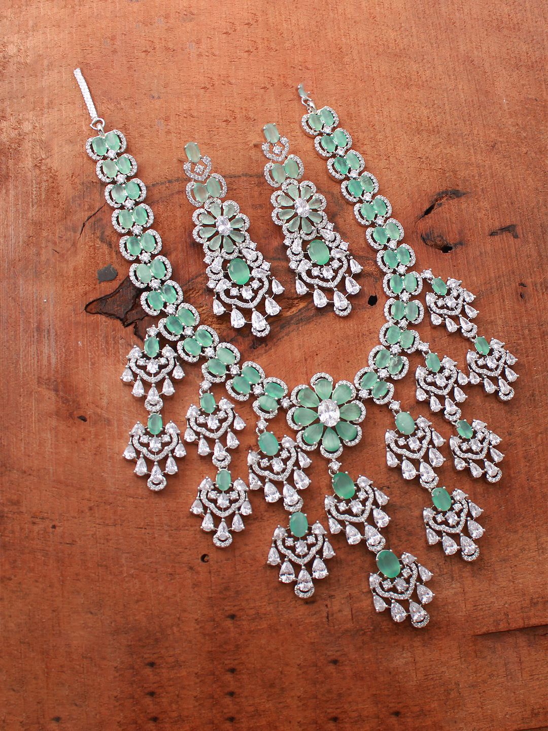 

Mirana Women Silver Plated CZ-Stone-Studded Jewellery Set, Green