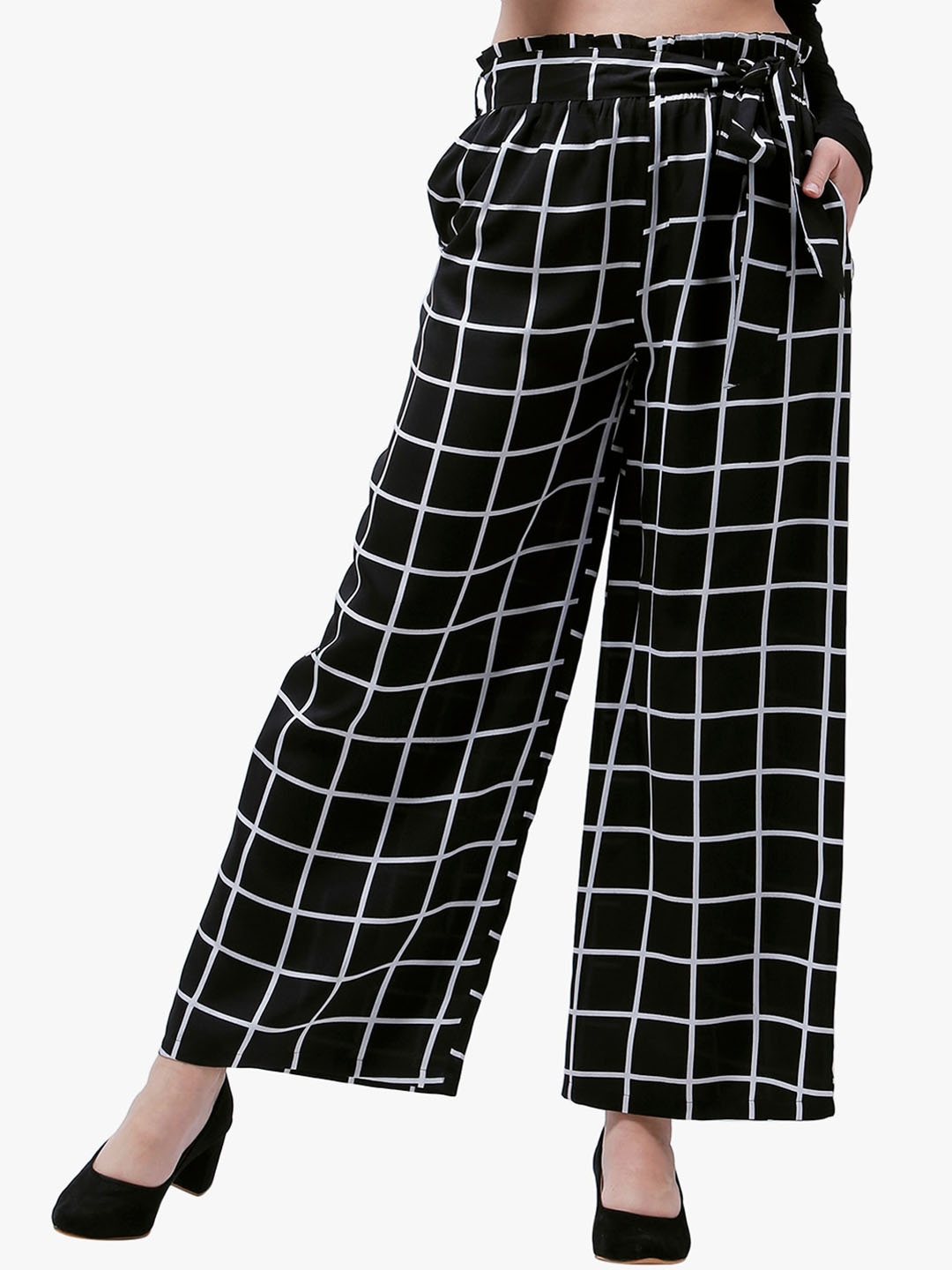 

Zastraa Women Checked Relaxed Loose Fit High-Rise Trousers, Black